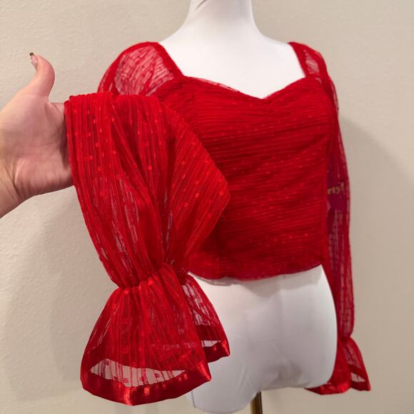 Love x Design Red Sweetheart Ruched Long Sheer Sleeves Top M Valentines Romantic - Picture 5 of 9